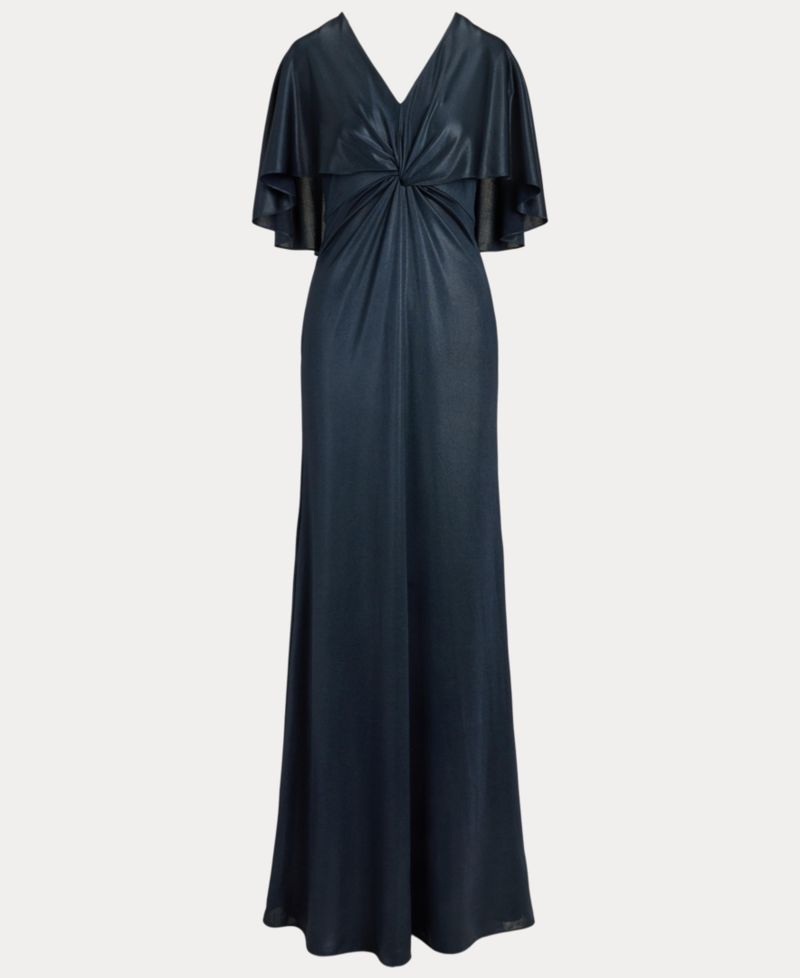 Women's Metallic Jersey Twist-Front Cape Gown