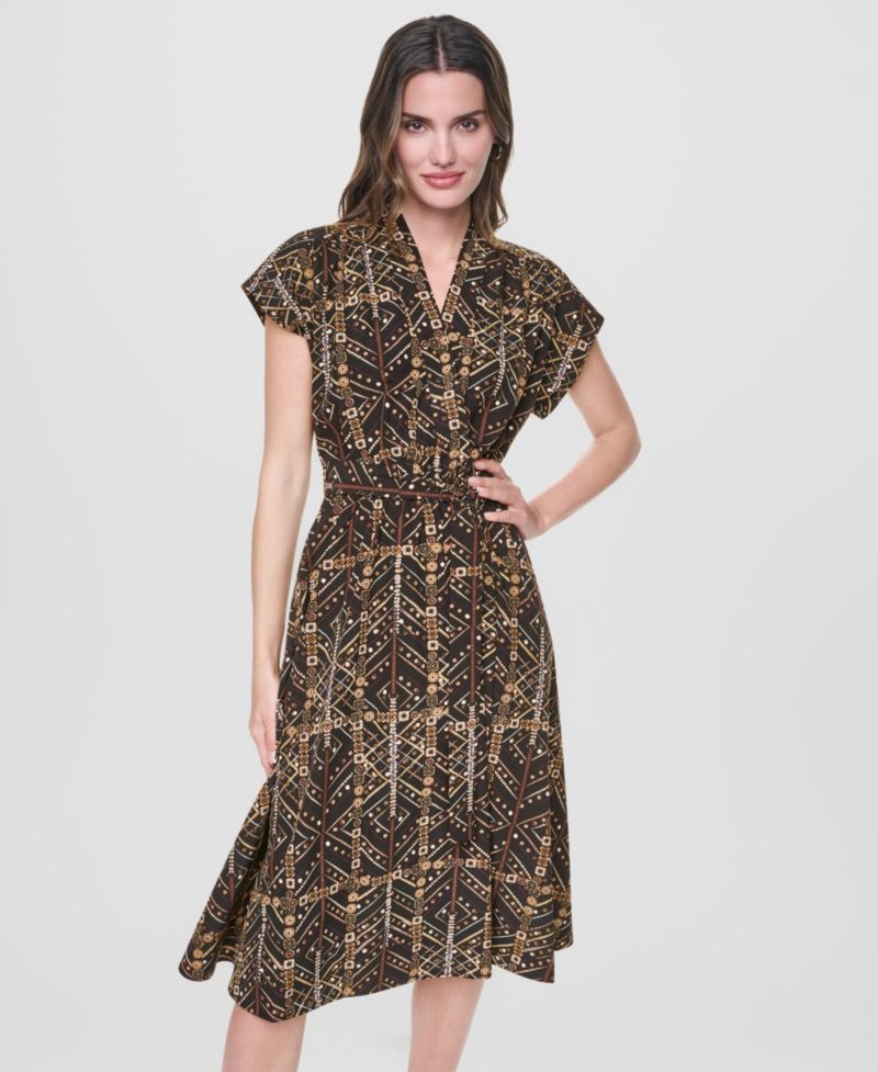 Women's Surplice Neck Faux-Wrap Midi Dress