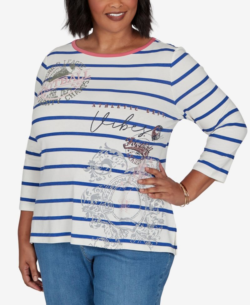 Plus Size Stripe Boat Neck 3/4-Sleeve Top