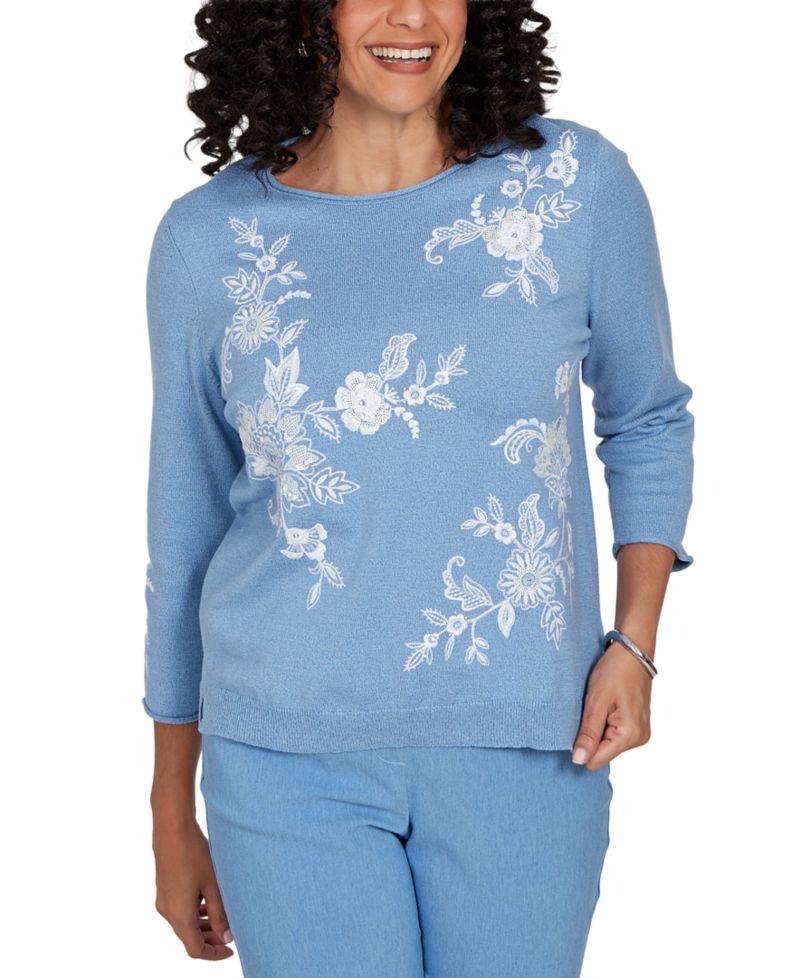 Petite Provence Lacey Floral Embroidered 3/4-Sleeve Sweater