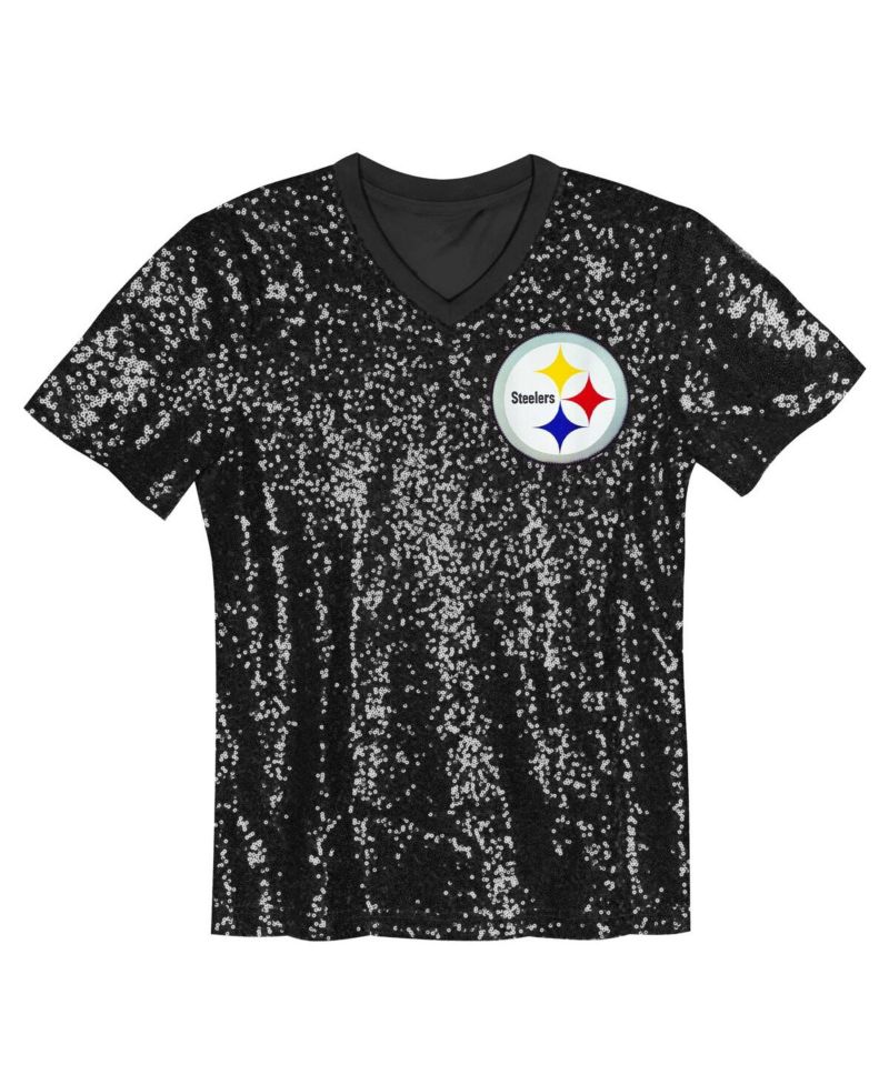 Big Girls Black Pittsburgh Steelers Wordmark Sequin V-Neck Top