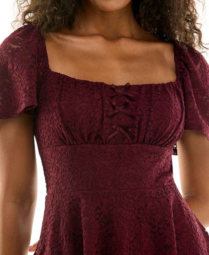 Juniors' Square Neck Lace Bow Detail Fit & Flare Dress