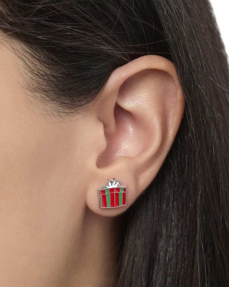 Holiday Stud Earring Set, 3 Pairs - Mickey Santa, Peppermint Ears and Gifts, Silver Tone