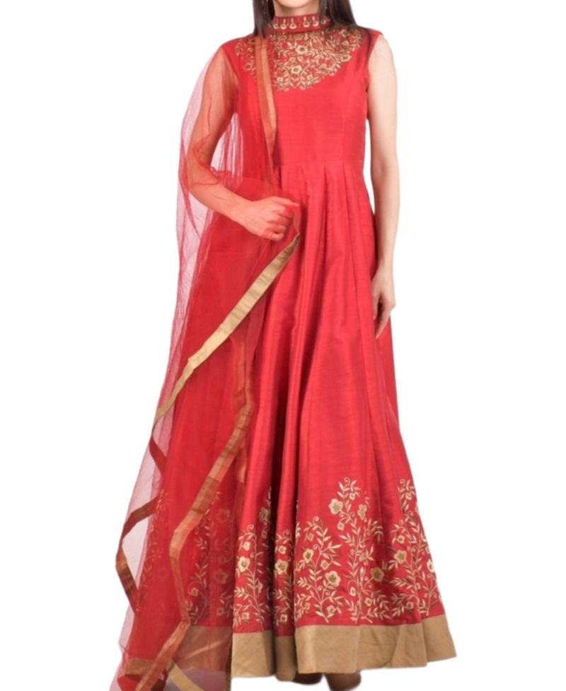 Women's Embroidered Silk High Neck Gown