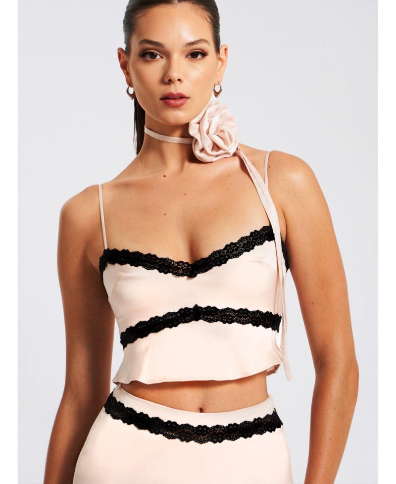 Women's Yareli Beige Lace Trim Satin Strappy Top