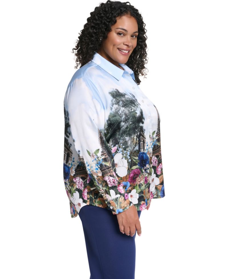 Plus Size City Scene Collared Button-Front Top