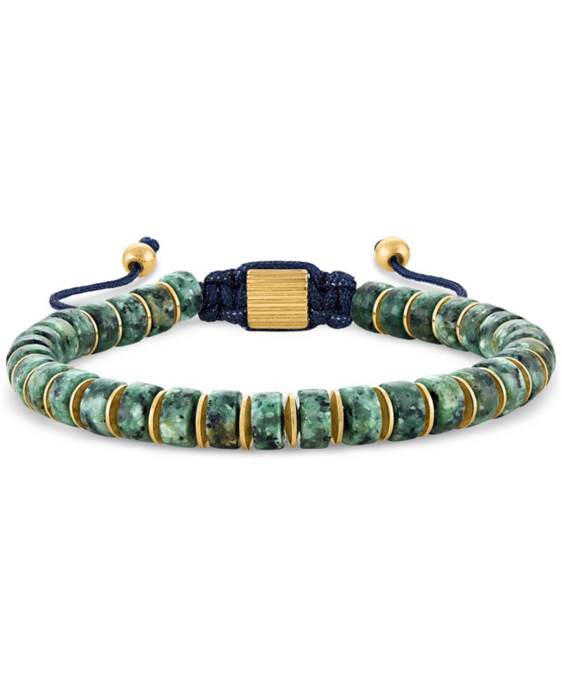 Green Agate Bead Blue Cord Bolo Bracelet in Gold-Tone Ion-Plated Stainless Steel (Also in Jasper)