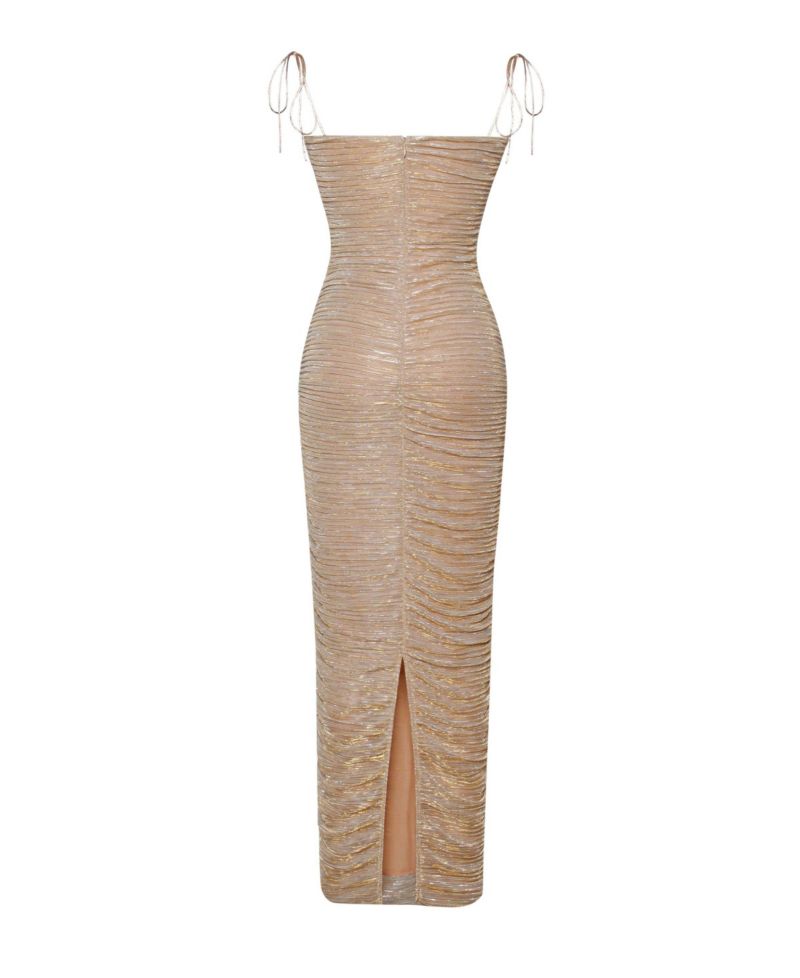 Women The Glint Gold Ruched Chiffon Long Maxi Dress