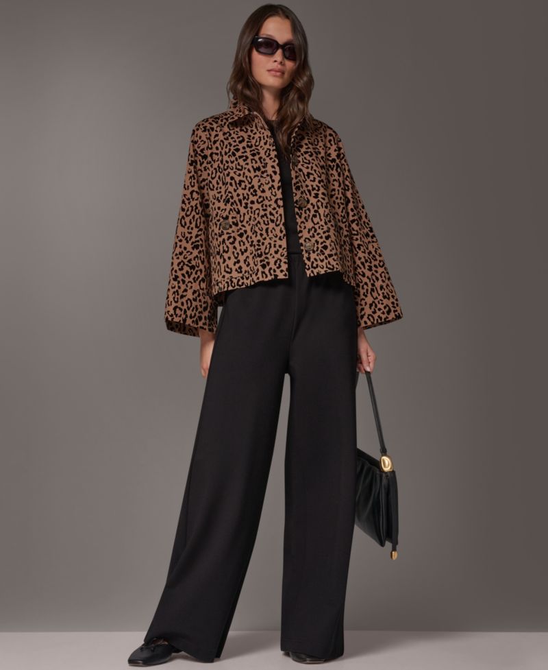 Women's Flocked Canvas Leopard-Print Bell-Sleeve Trapeze Jacket