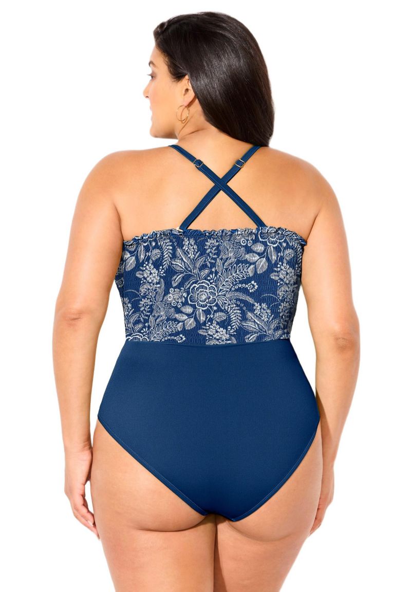 Women's Smocked Ring Strap One Piece Swimsuit