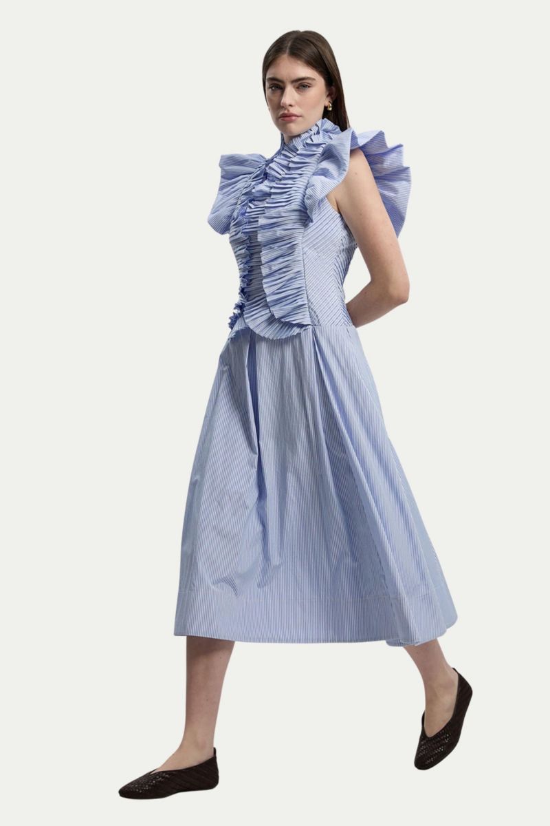 Women's High Neck Pleated Ruffle Midi Dress