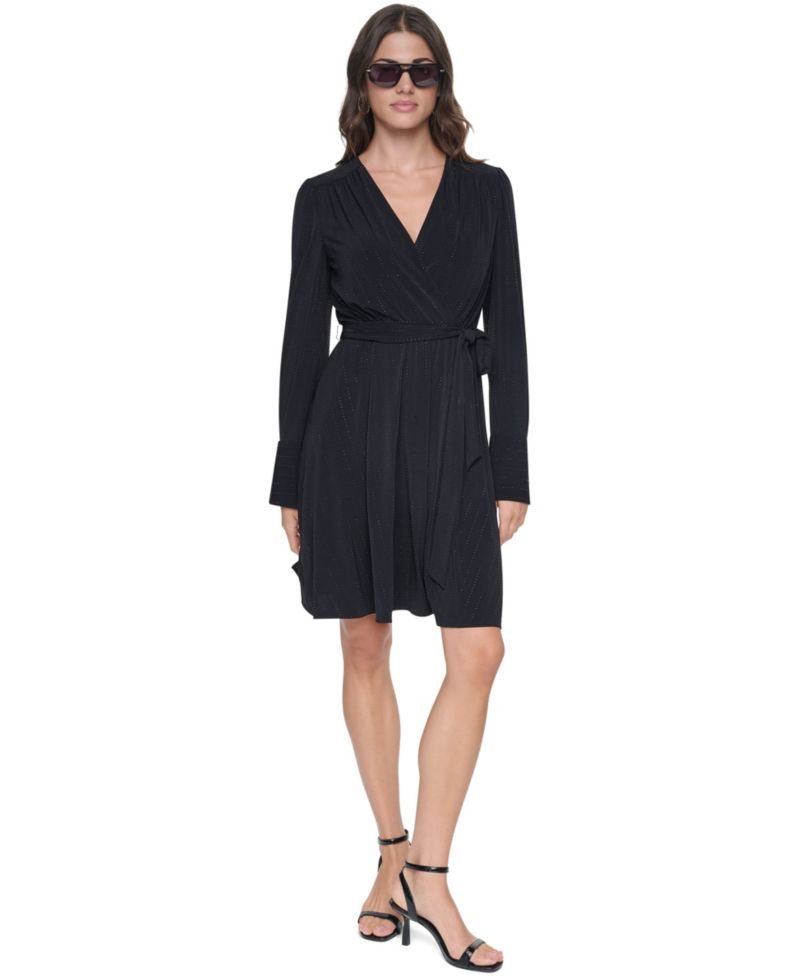 Women's Long-Sleeve V-Neck Surplice Dress