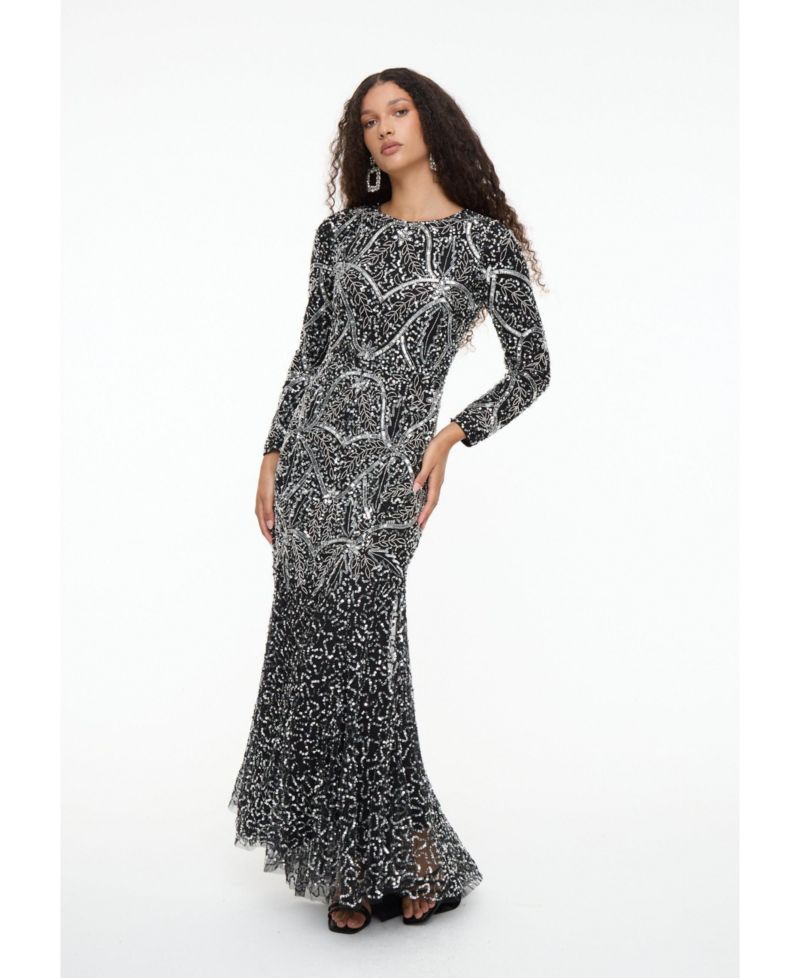 Women's Modest Embellished Sequin Beaded Dress Maxi With Fit Bodice and Trail