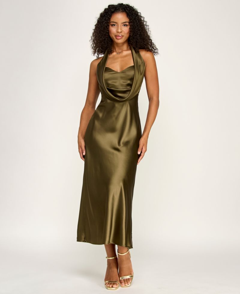 Juniors' Drape Neck Halter Satin Midi Dress