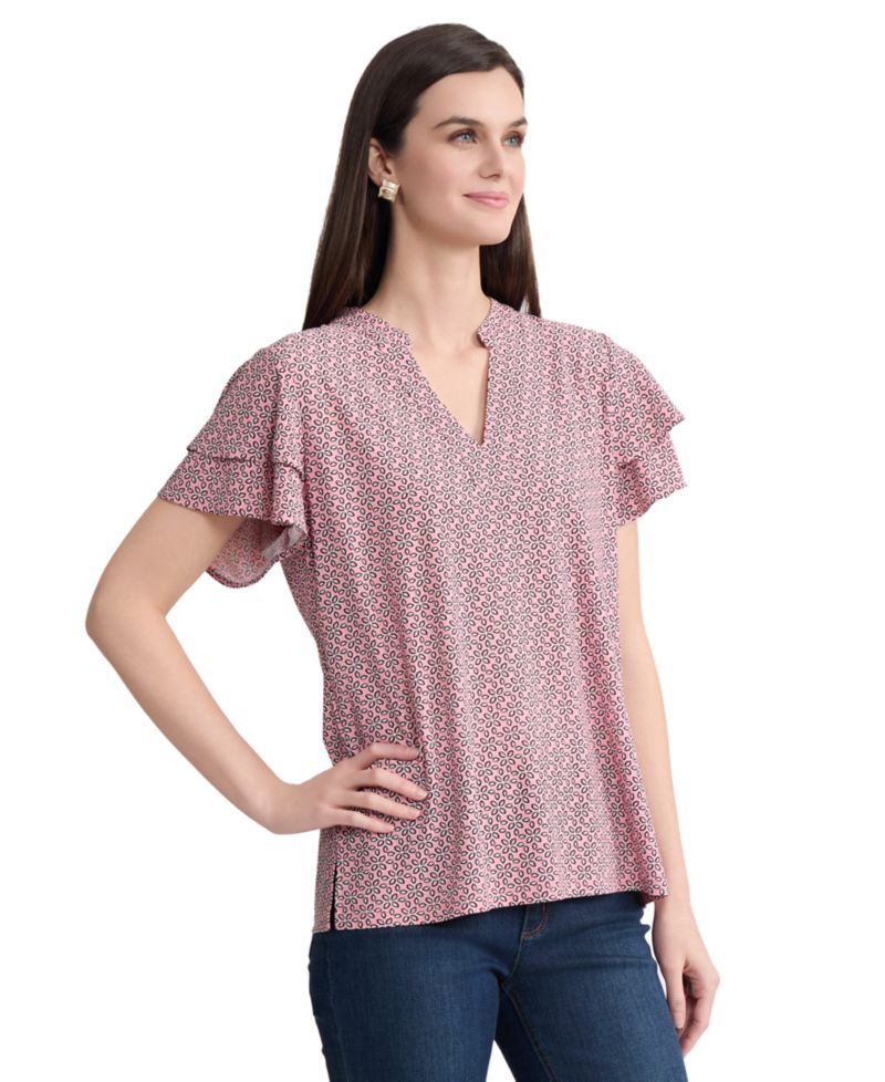 Petite Knit Flutter Sleeve Band Collar Top