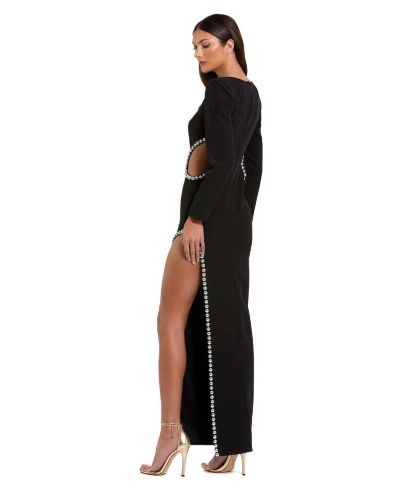 Women's Crepe Long Sleeve Gown With Beaded Cut Outs
