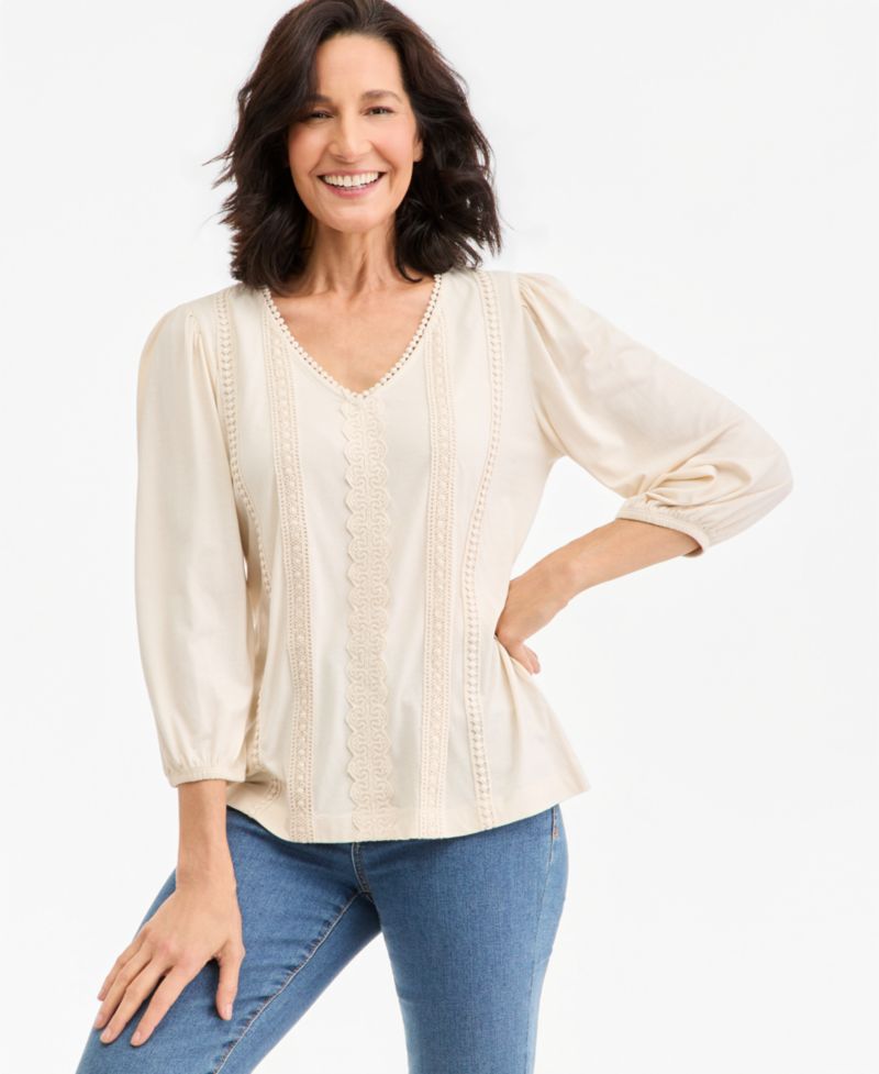 Women's 3/4-Sleeve V-Neck Embroidery Trim Top