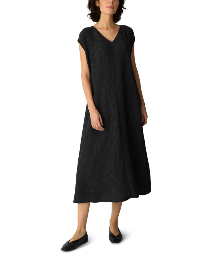 Women's Woven Pliss&eacute; V-Neck A-Line Midi Dress