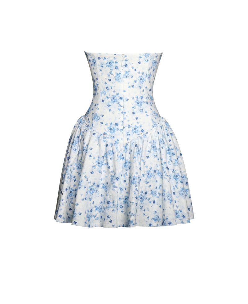 Women's Taleah Blue Floral Print Linen Mini Dress with Lace Trim