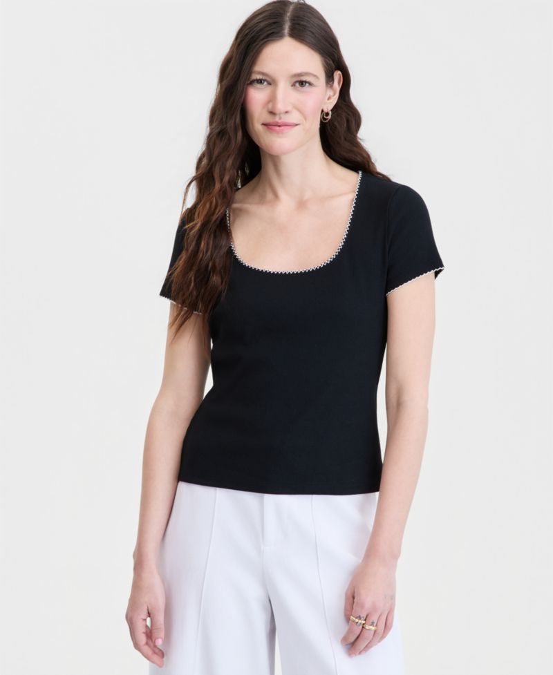 Women's Scoop-Neck Rib Contrast-Stitch Top
