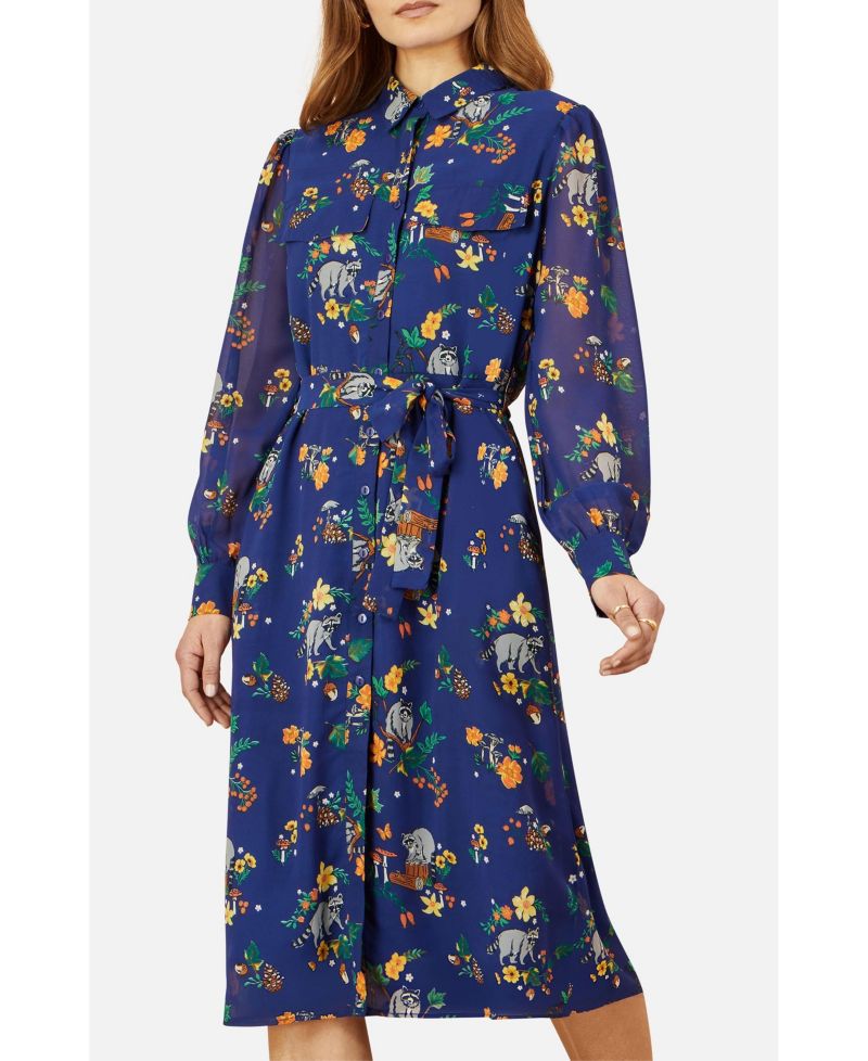Women's Raccoon Print Shirt Midi Dress