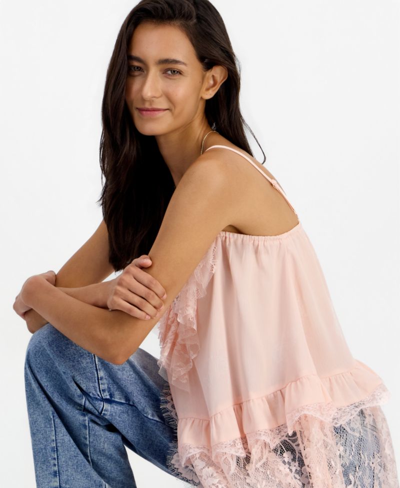 Plus Size Lace Trim Long Ruffle-Trim Camisole