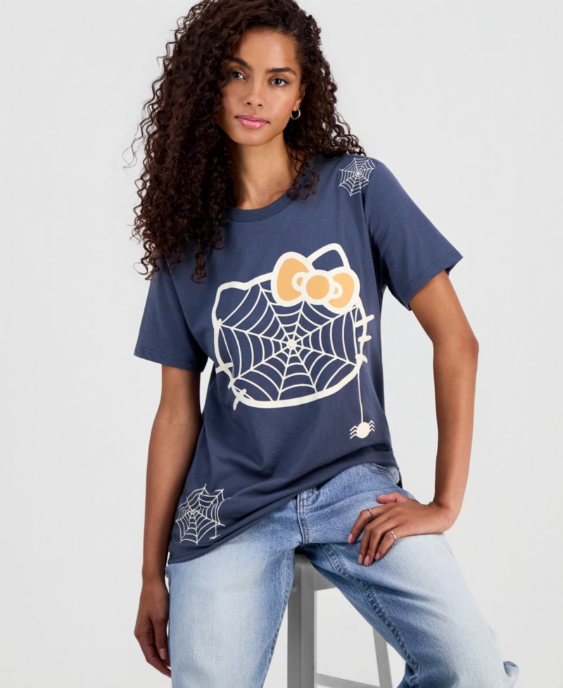 Juniors' Hello Kitty Spiderweb Graphic-Print T-Shirt