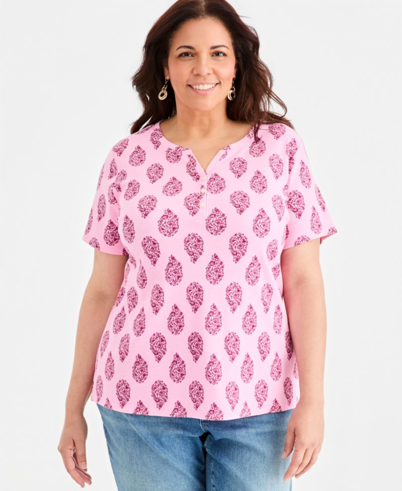 Plus Size Printed Short-Sleeve Henley Top