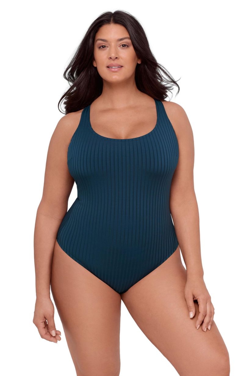 Women's Smoothing and Sculpting Ribbed Scoop-Neck Crossback One-Piece Swimsuit