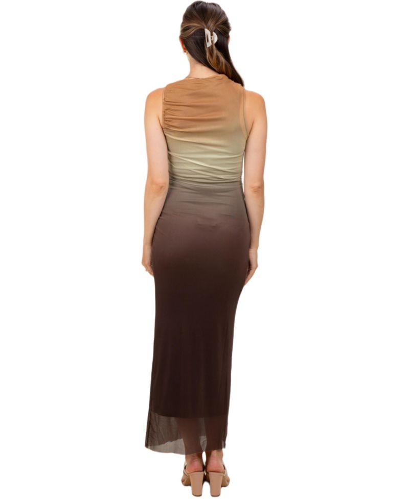 Women's Coffee Ombre Mesh Ruched Sleeveless Midi Dress