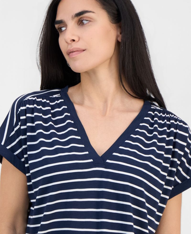 Petite Striped Ruched-Side V-Neck Top