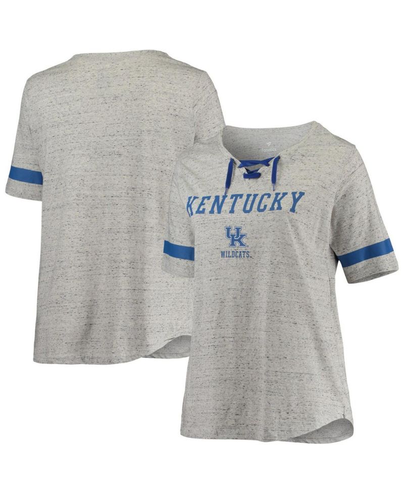 Women's Heathered Gray/Royal Kentucky Wildcats Plus Size Lace-Up V-Neck T-Shirt