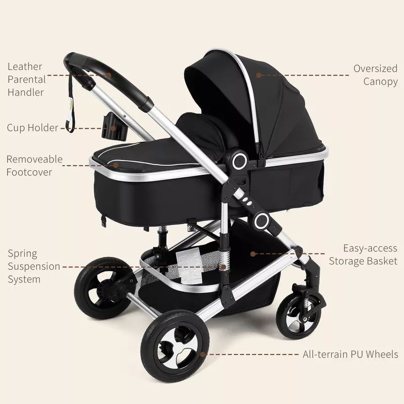 Cozi 2 Convertible Baby Stroller, Folding High Landscape Design with Adjustable Canopy and Diaper Bag