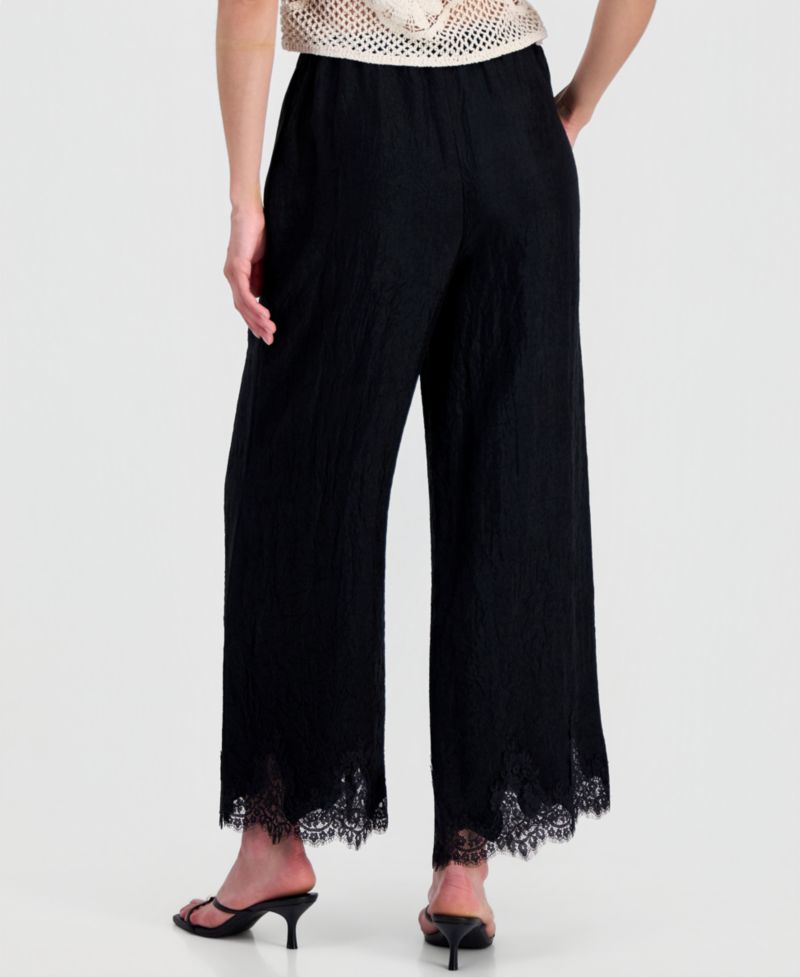 Women's Crinkle Satin Lace-Hem Pull-On Pants