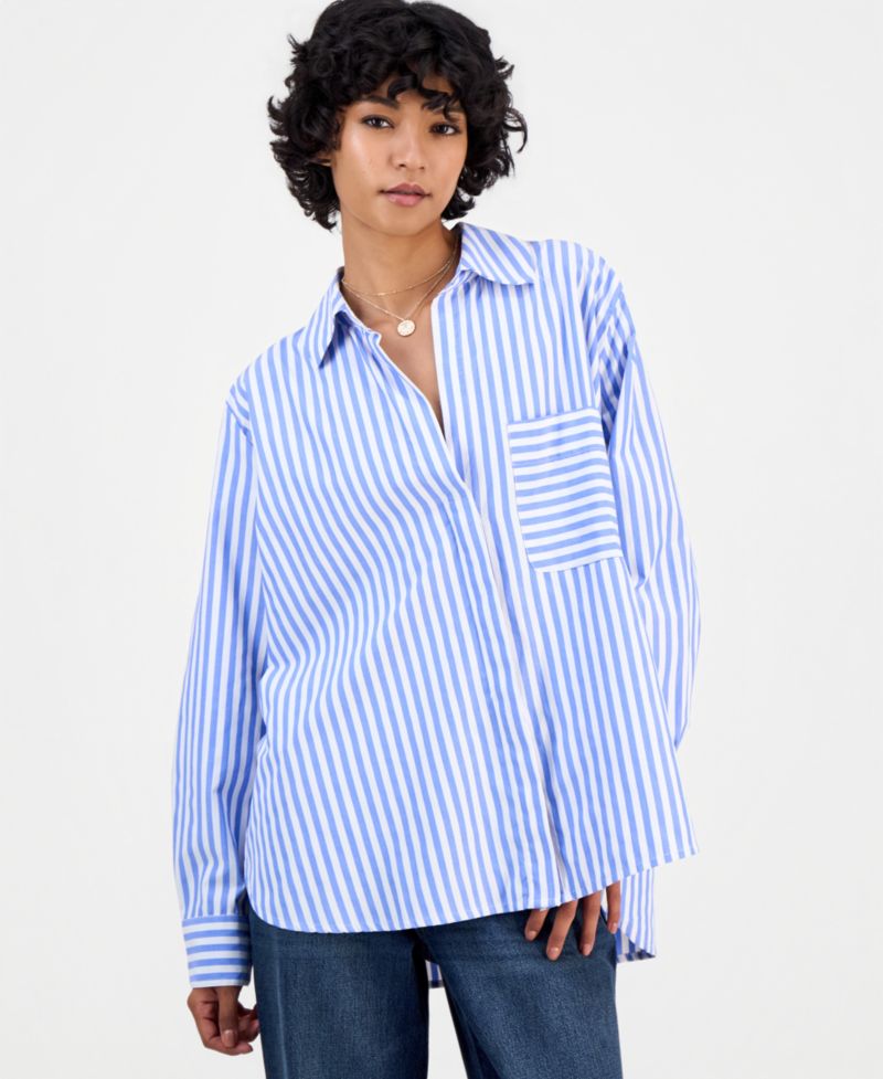 Women's Striped Long-Sleeve V-Neck Button-Down Shirt