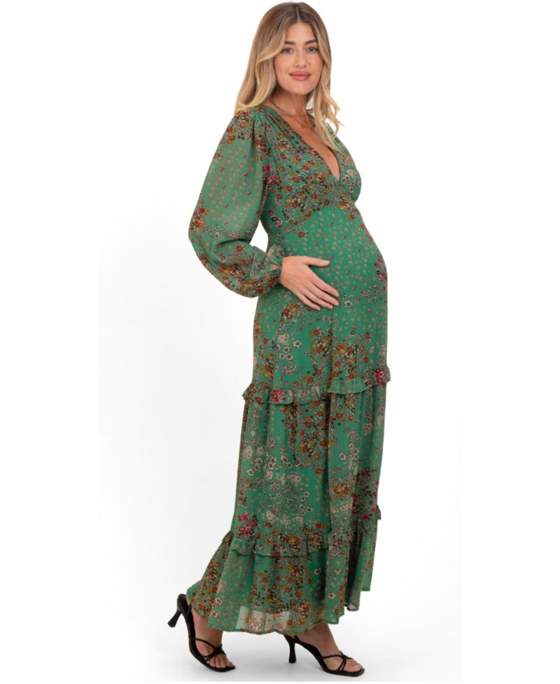 Women's Green Floral Chiffon V-Neck Long Sleeve Maxi Dress