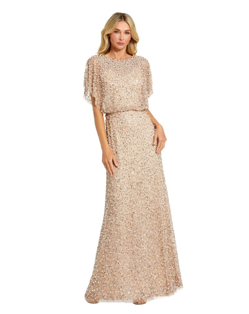 Women's Short Sleeve Beaded Blouson A-line Gown