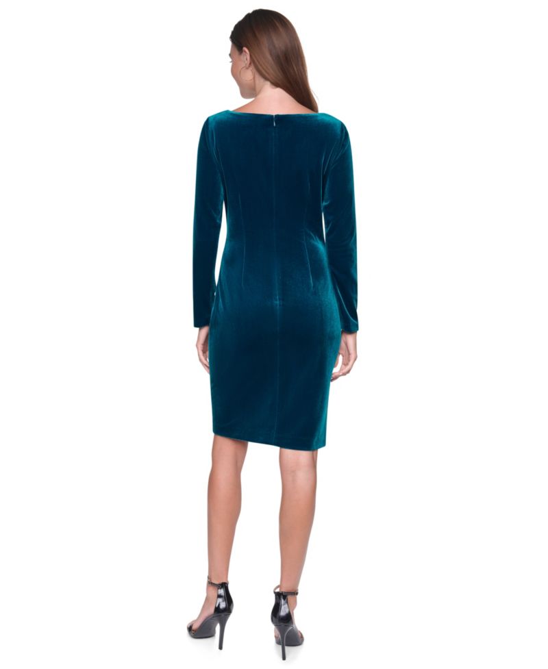 Plus Long-Sleeve Ruched Velvet Dress
