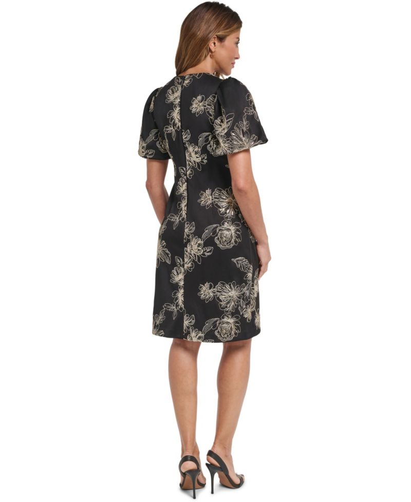 Petite Puff-Sleeve Floral-Print Fit & Flare Dress