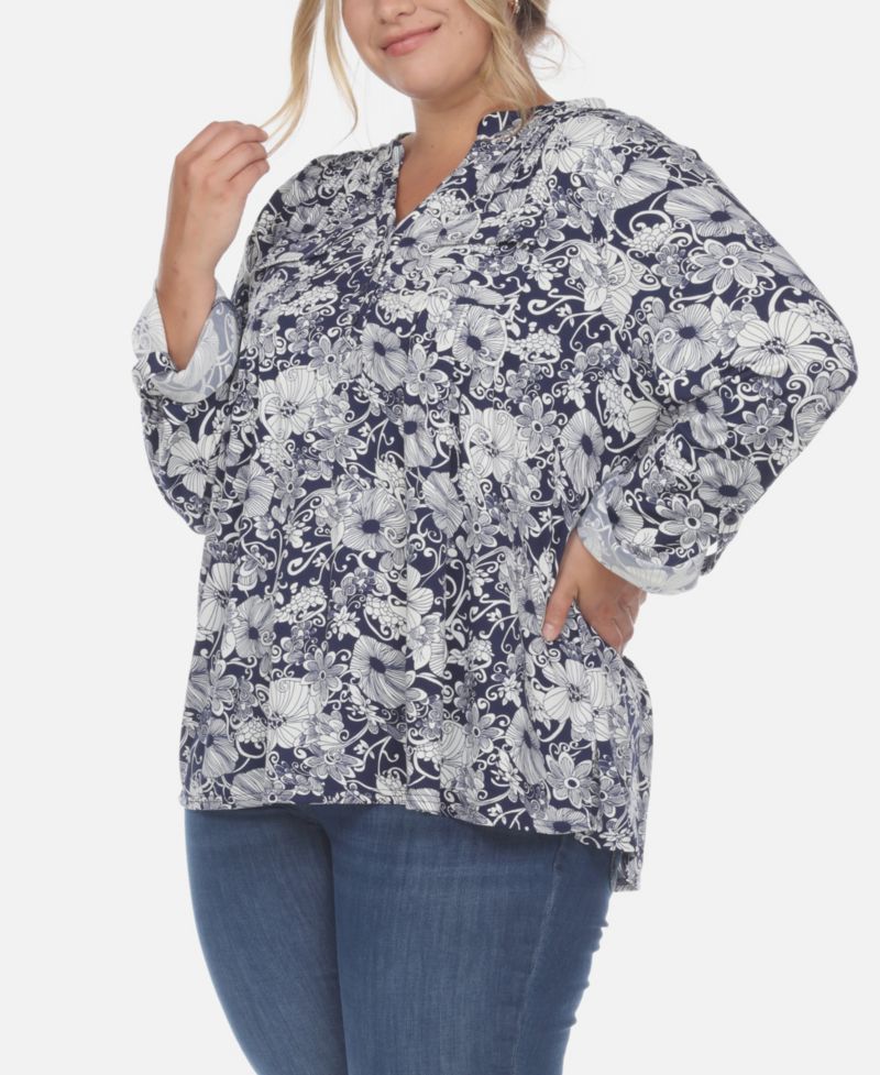 Plus Size Pleated Long Sleeve Floral Print Blouse