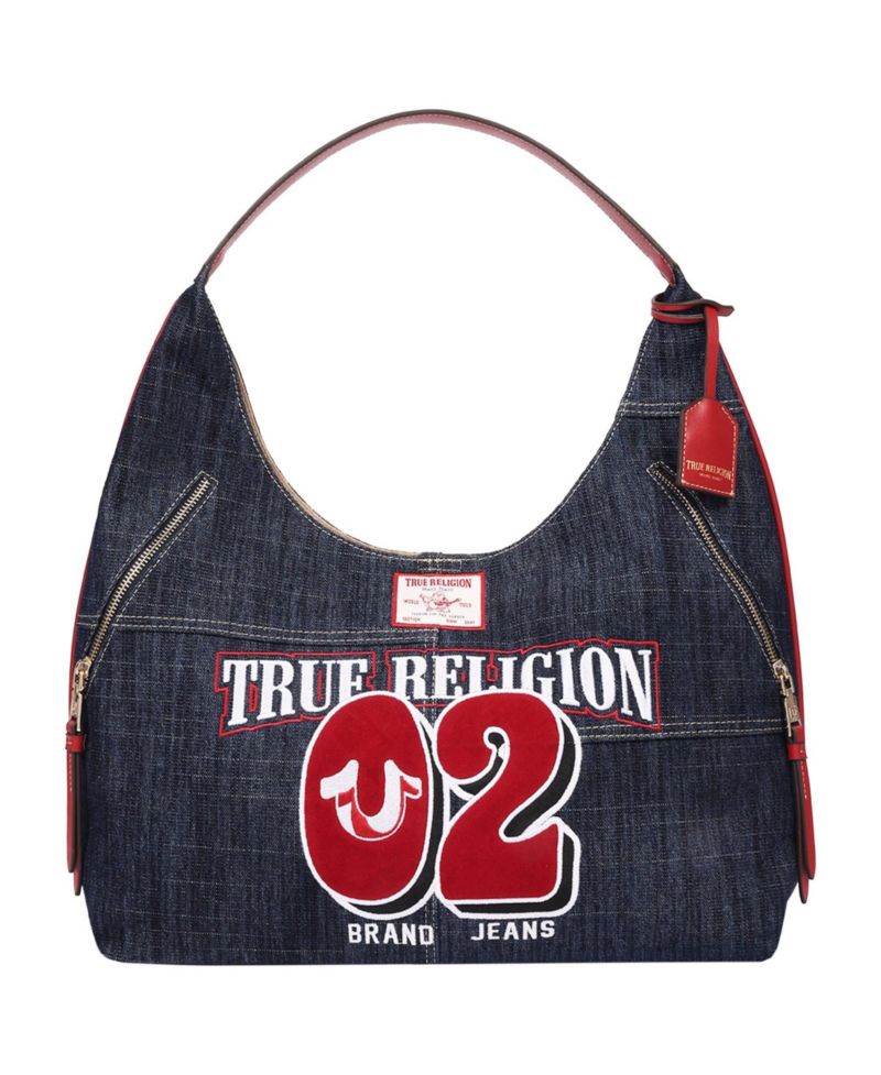 Varsity Logo Zip Pocket Denim Hobo Bag – Dark Denim Shoulder Purse