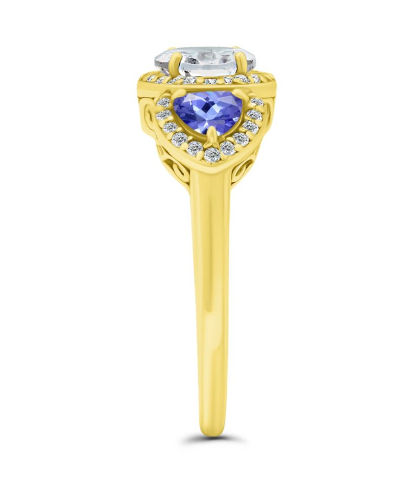 Cubic Zirconia Oval, Tanzanite Accents 3 Stone Ring