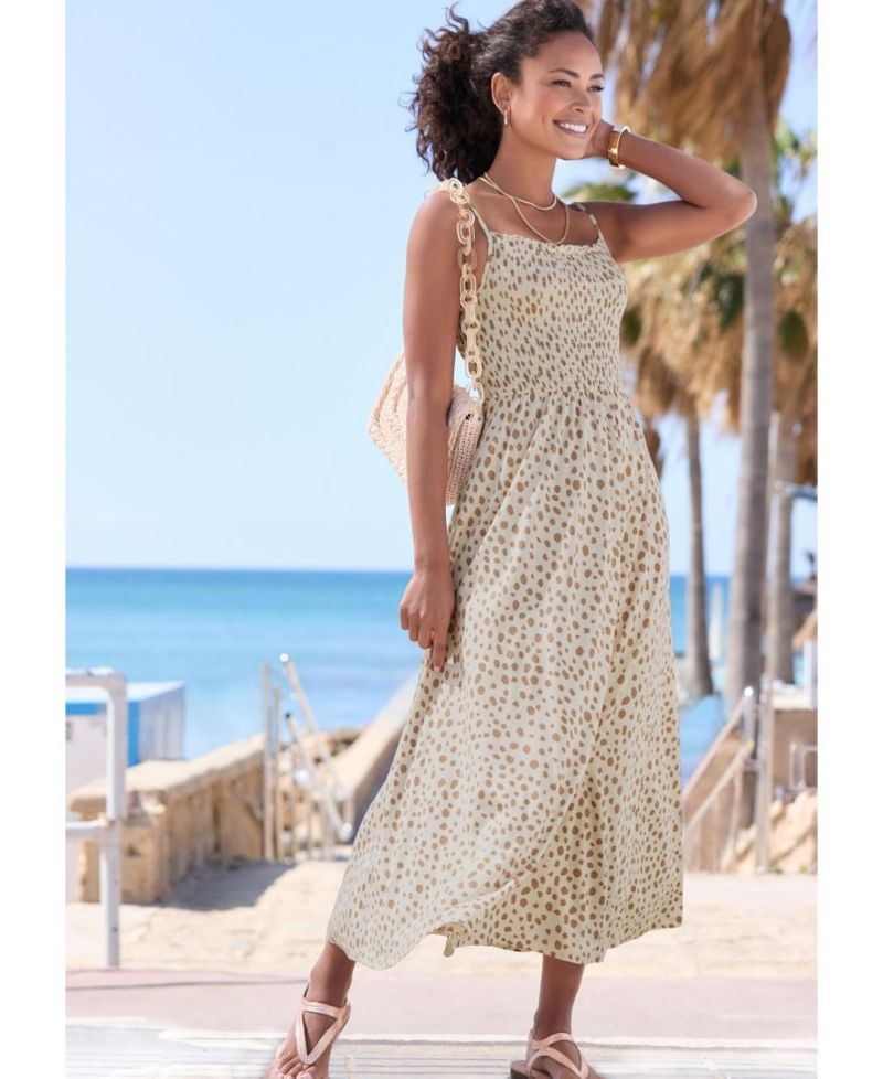Women's Viscose Printed Smocked Dot A-Line Square-Neck Midi Dress
