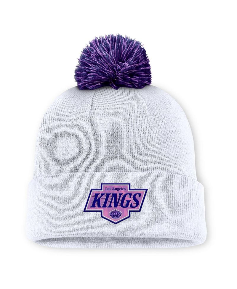 Men's White Los Angeles Kings Authentic Pro Hockey Fights Cancer Cuffed Knit Hat with Pom