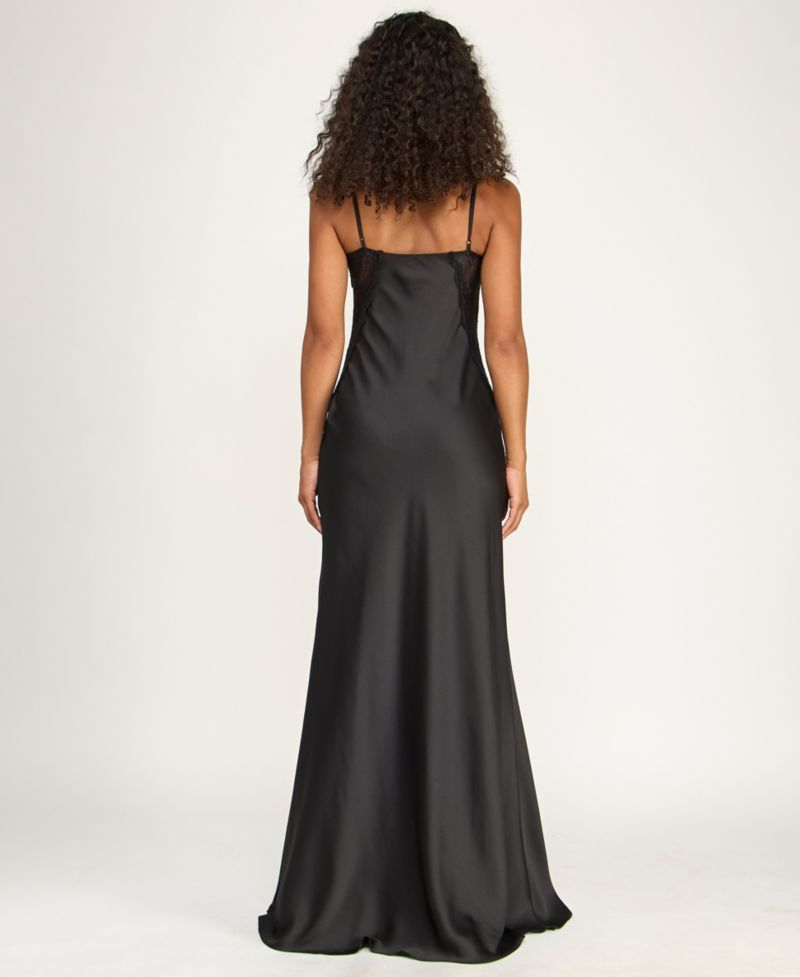 Juniors' V-Neck Satin Gown with Spaghetti Strap and Lace Trim Detail Gown