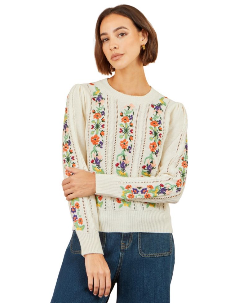 Women's Cable-Knit Floral-Embroidery Puff-Sleeve Crewneck Sweater