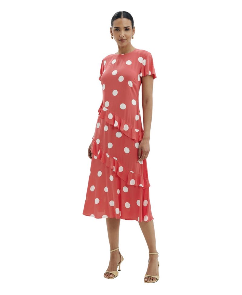 Women's Sierra Polka-Dot Asymmetric-Ruffle Midi Dress