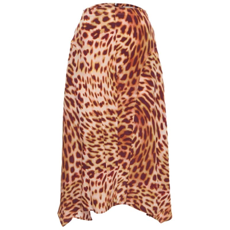 Women's Pink/brown Leopard Print Silk Flared Midi Skirt