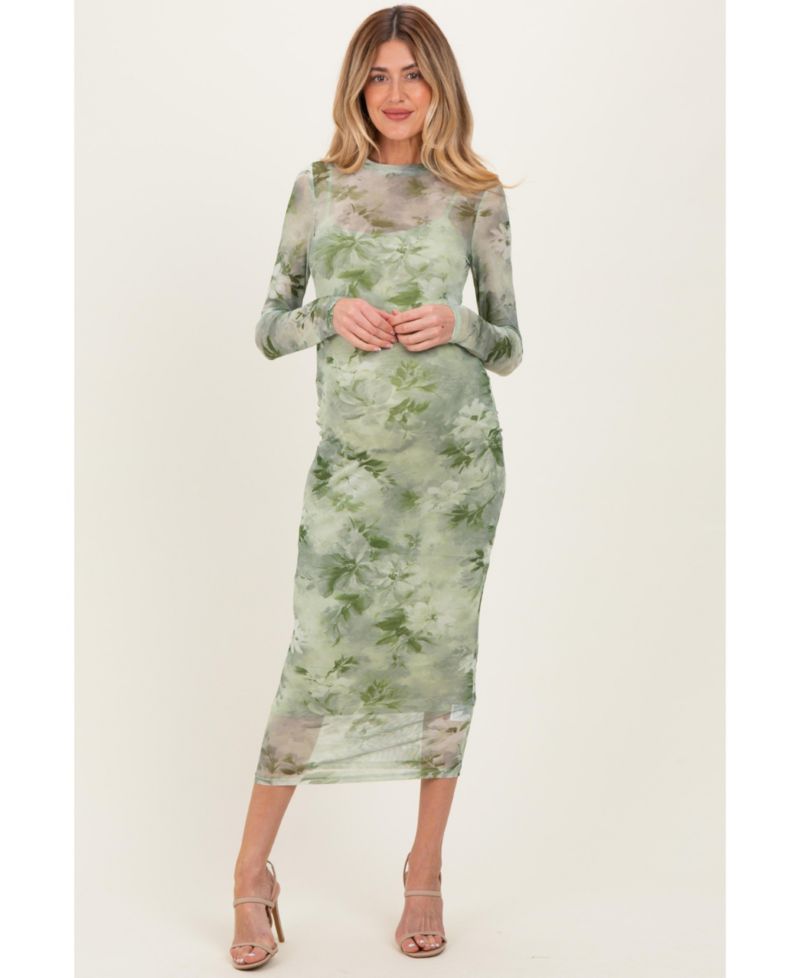 Women's Light Olive Floral Mesh Overlay Maxi Dress