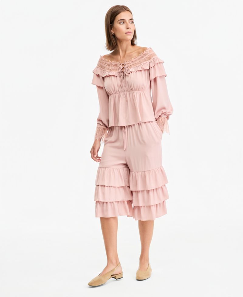 Petite Off-the-Shoulder Long Bell-Sleeve Ruffled-Trim Blouse